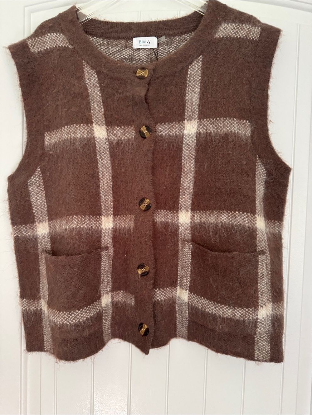 Bluivy Brown & Cream Plaid Sleeveless Mohair-Blend Button Vest